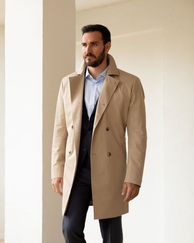 Classy beige trench blue suit outfit Hockerty